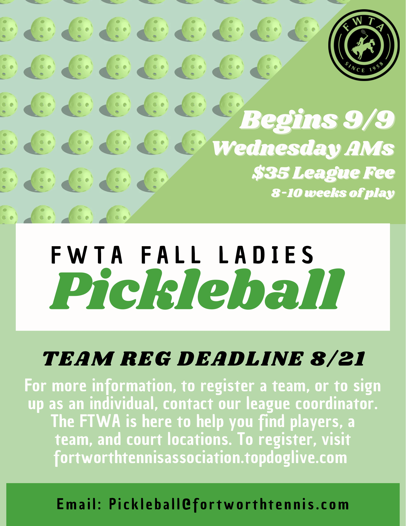 Wednesday AM Fall Ladies Pickleball League is Open for Registration!